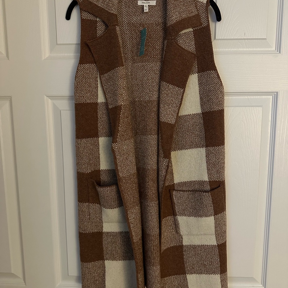 Maurices Brown and Cream Plaid Sweater Vest, NWT, Size XS